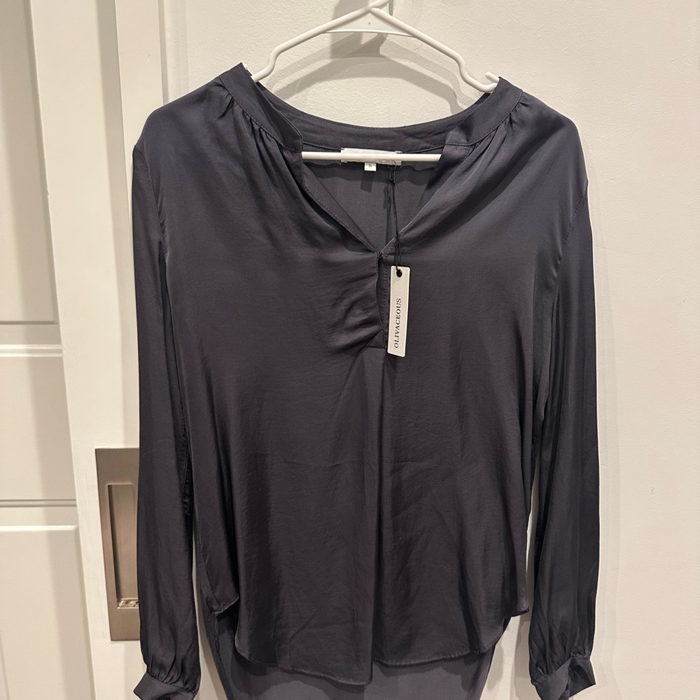 NWT Olivaceous Silk Charcoal V-Neck Blouse
